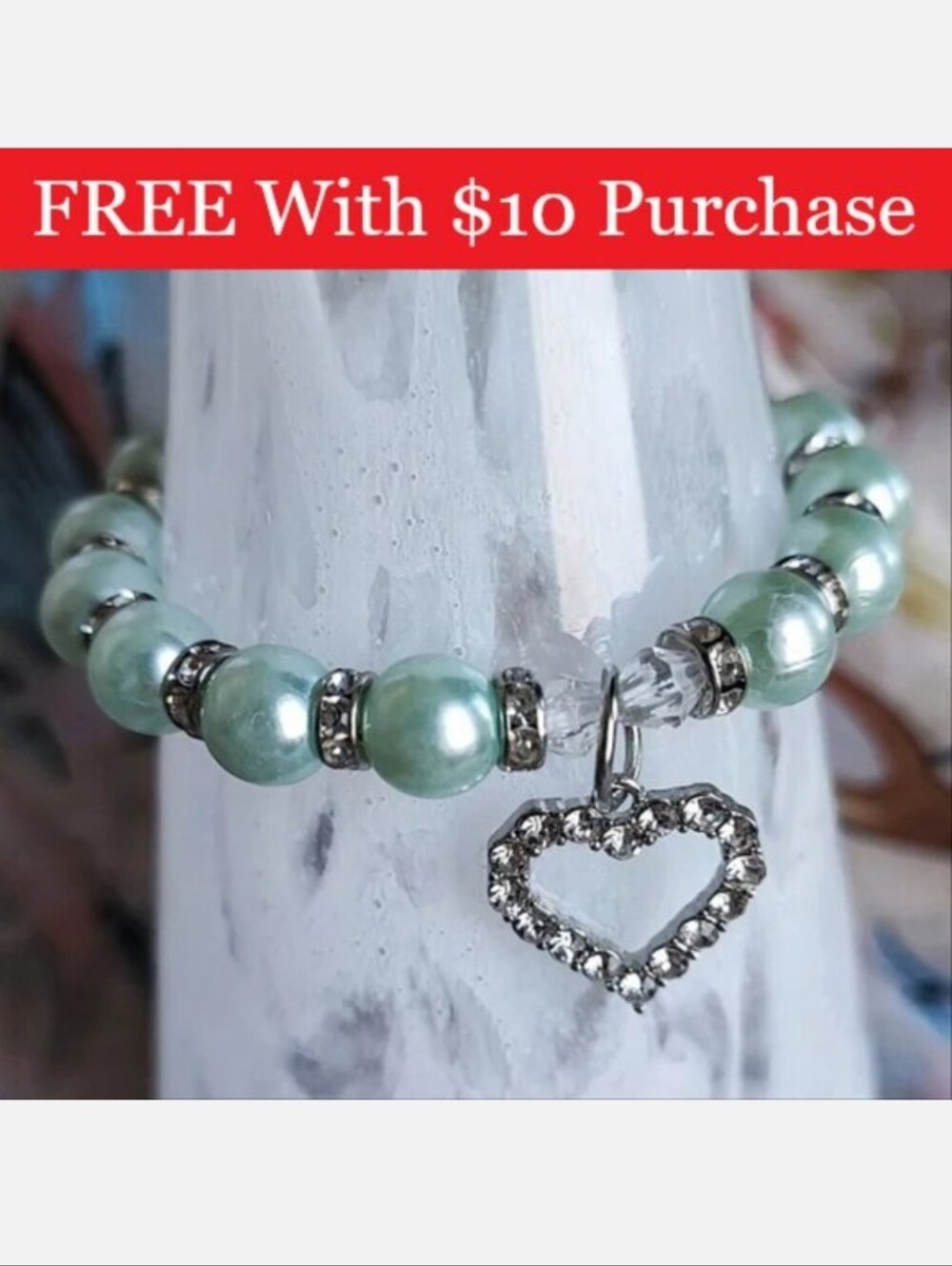 Mint Green Faux Pearl Bracelet Clear Rhinestone Heart Charm Bracelet RED BANNER